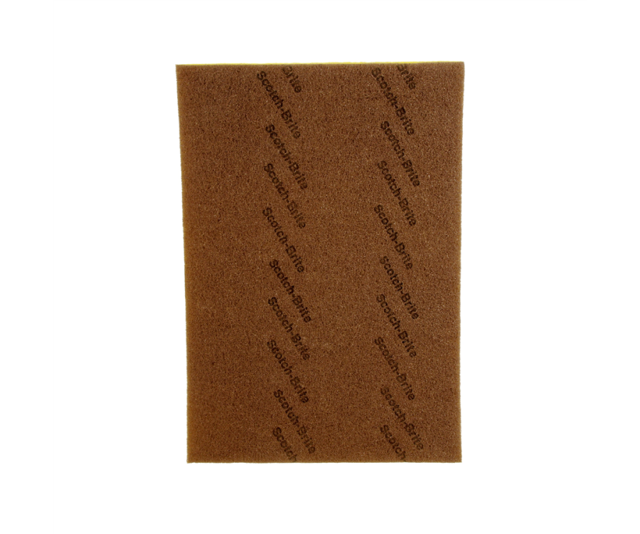 A rectangular brown abrasive pad with printed text in diagonal lines across its surface. Scotch-Brite™ Clean & Shine Pad (28 in. x 14 in., 5/Case)